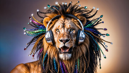 A majestic lion wearing headphones with a vibrant, bejeweled mane styled in colorful braids. The surreal image combines wildlife with modern music culture and artistic expression