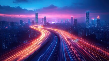 Light trails over a smart city illustrating high-speed communication networks, including 5G and LTE data connections.