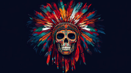 Colorful skull with native american headdress. Native American Powwow. Illustration