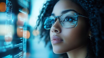 Woman wearing glasses with digital code reflections looking at screen.