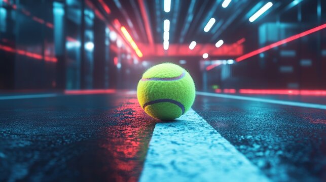 A tennis ball is on the ground in front of a wall with neon lights - Powered by Adobe