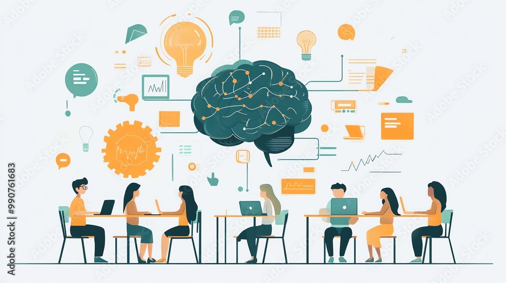 Poster people working together at a table with laptops connected to a brain with light bulbs and graphs.
