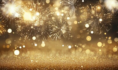Fototapeta premium Sparkling Fireworks and Festive Glitter in a Radiant Gold Bokeh Background 
