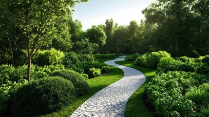 Fototapeta premium Serene garden path surrounded by lush greenery, inviting tranquility and nature's beauty.