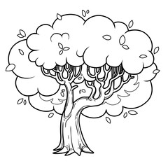 Big old lush foliar tree with lush crown linear drawing for coloring isolated on white background