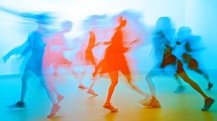 A blurry image of a group of people running on a floor