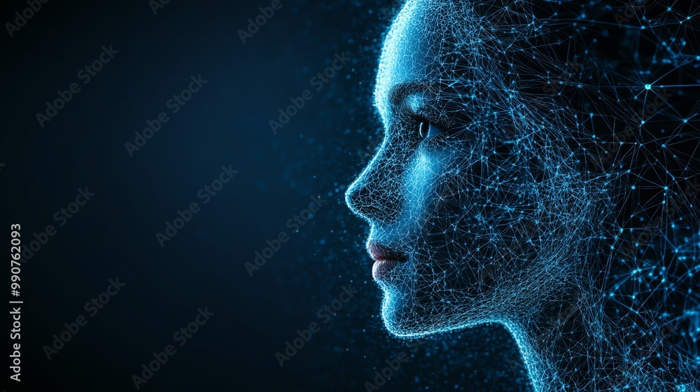 Poster abstract digital portrait of a woman's face made of connected lines and dots, creating a futuristic 