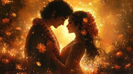 divine love depiction radiant illustration of radha and krishna in ornate traditional attire surrounded by a halo of golden light and intricate floral patterns