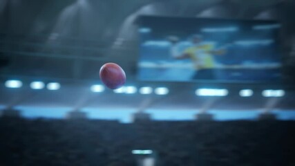Cinematic Slow-motion Footage of an American Football Ball Flying Across Stadium Scoring Victory Goal. Ball's Trajectory Against a Backdrop of Spectators, Cheering Fans, Repeat TV Screens.