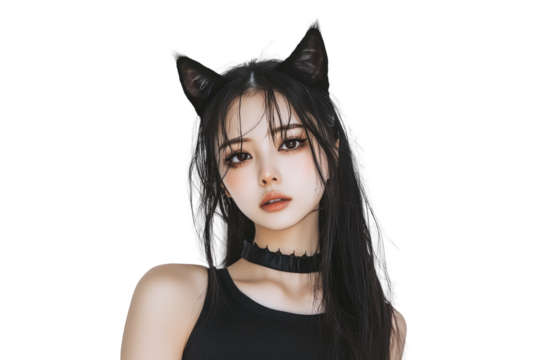 A japanese girl with cat ears isolated on transparent background. - Powered by Adobe