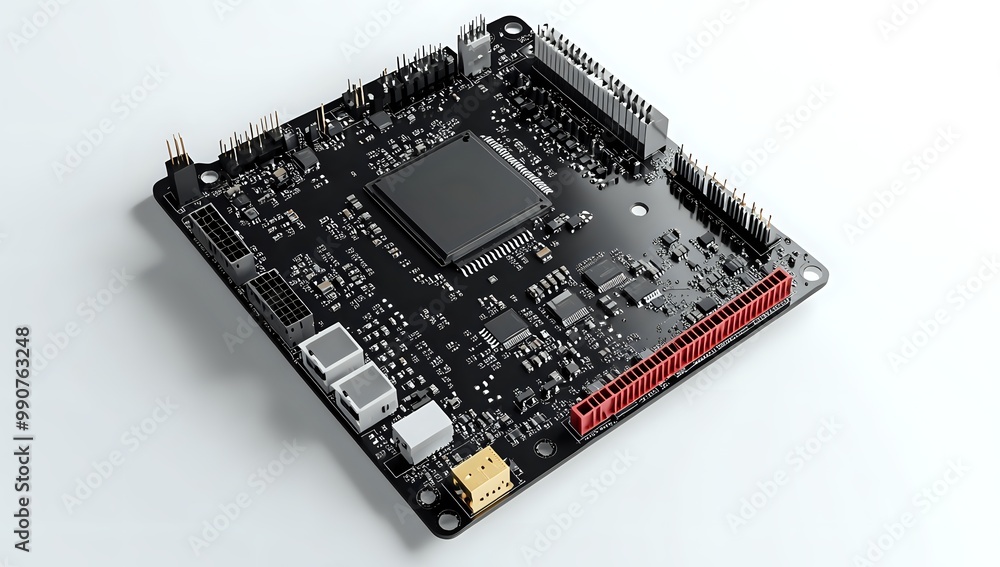 Poster a close-up of a black circuit board with electronic components, connectors and a red header, isolate