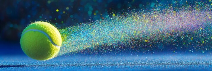 A tennis ball is in the air, with a blue background