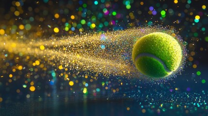 A tennis ball is flying through the air with a trail of glitter behind it