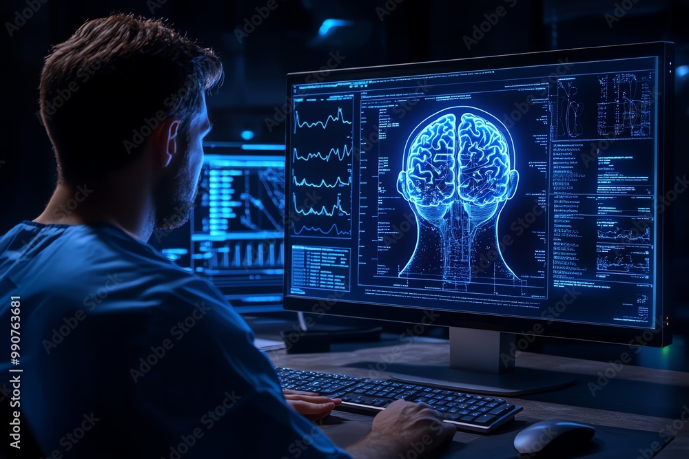 Aufkleber a man in a blue shirt sits in front of a computer screen displaying a digital brain scan.