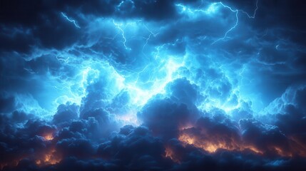 Fototapeta premium dramatic lightning bolt illuminating stormy night sky electric blue tendrils branch across ominous clouds raw power of nature captured in single moment high contrast and energy
