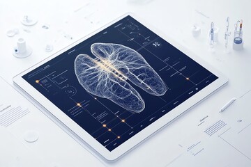 A digital tablet displays a 3D rendering of a human lung, with diagnostic data surrounding it.