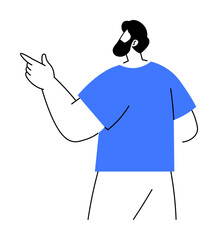 A man with a beard and blue t-shirt points to the left. Ideal for communication, direction, presentation themes. Simple yet effective. Cartoonish vector art style.