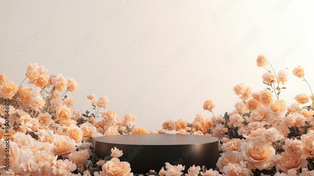 Aufkleber a minimalist display pedestal is gracefully surrounded by an abundance of soft peach roses. the deli