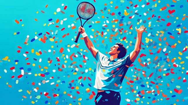 A man is holding a tennis racket and is surrounded by colorful confetti