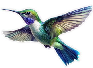 Colorful hummingbird in flight, isolated on black background