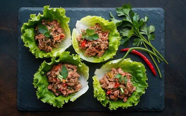 Four lettuce cups filled with tuna salad, garnished with parsley, chili peppers, and green onions, served on a black slate serving board.