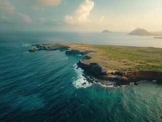 Aerial shot of Galapagos Islands, diverse landscapes, open sea, ample space for text