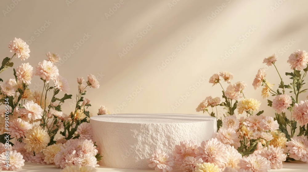 Poster delicate pink flowers elegantly frame a simple round pedestal placed against a softly lit background