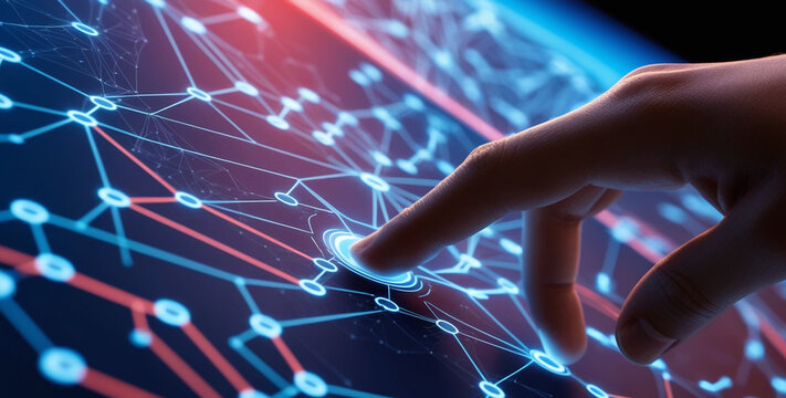 A hand reaching out to touch a complex network of interconnected nodes, symbolizing digital connectivity and innovation.