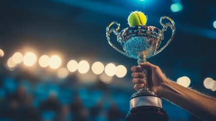 A person is holding a tennis trophy with a tennis ball inside