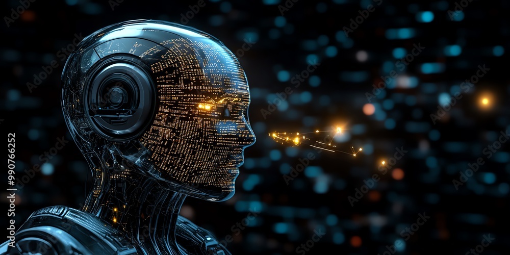 Aufkleber a futuristic robot head with glowing circuits and a digital interface speaks into the dark, abstract
