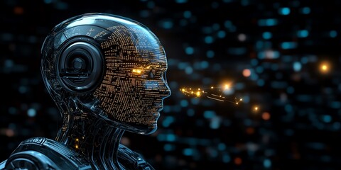 A futuristic robot head with glowing circuits and a digital interface speaks into the dark, abstract background with blue and gold lights.