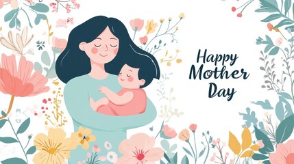 A warm banner shows a mother with her baby, surrounded by pastel florals and a sweet greeting
