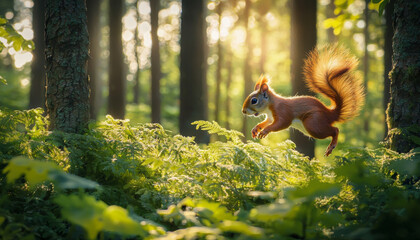 A playful squirrel leaps through a sunlit forest, surrounded by lush greenery and tall trees.