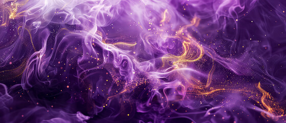 Fototapeta premium Shiny, glowing background with purple swirl of smoke, golden dust, shimmer, particles. Steam effect. Smoky mockup for celebrating. Generative ai 