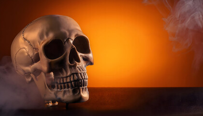 skeleton, skull, halloween, banner, card, design, copy space, closeup, bones, x-ray, smoke, orange, color, minimal, style, fantasy, 3d, human, abstract, background, decoration, art, cartoon, isolated,