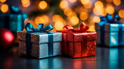 Photo of red and blue Christmas gift boxes with ribbons and bows. Sparkling blurred background with bokeh. Beautiful festive illustration for web and social media