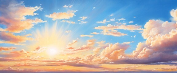 A beautiful sunrise featuring golden clouds glowing in the morning light, set against a clear blue sky. The tranquil scene evokes a sense of calm and new beginnings, with soft, warm light illuminating