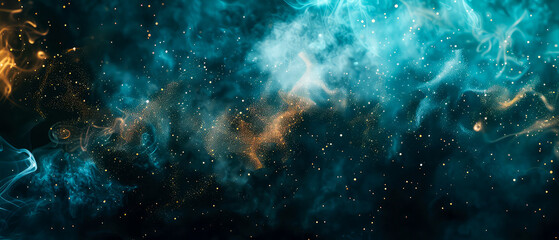 Fototapeta premium Shiny, glowing background with blue swirl of smoke, golden dust, shimmer, particles. Steam effect. Smoky mockup for celebrating. Generative ai 