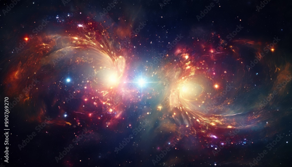 Poster two bright, glowing celestial bodies collide in this dramatic space scene. the swirling clouds of co