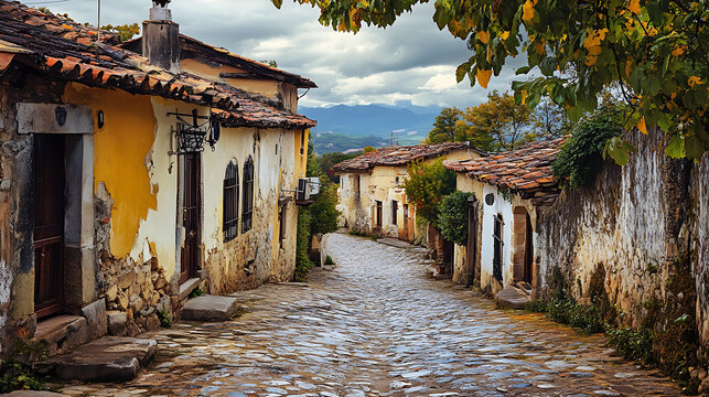 Fototapeta Charming background with a road through an old village, featuring traditional architecture, cobblestone streets, and historic charm