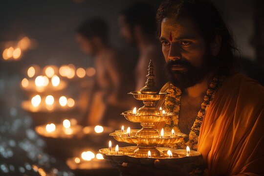 Indian sadhu performing a spiritual pooja with holy fire during traditional Hindu aarati ceremony