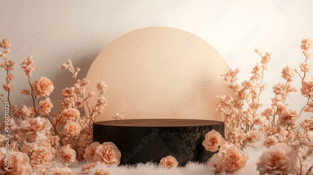 Aufkleber delicate, pastel-colored flowers surround a smooth wooden platform set against a soft circular backd