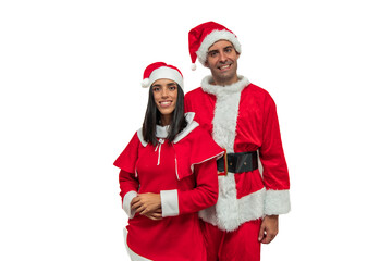 Happy Couple Dressed as Santa Claus Smiling Cheerfully at the Camera for Holidays white background
