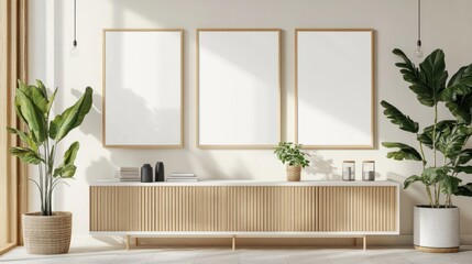 Fototapeta premium Modern Interior Design with Empty Frames and Wooden Cabinet