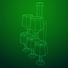 Obraz premium Wine bottle with wine glass. Wireframe low poly mesh vector illustration