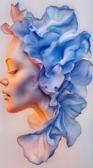 A stylized profile of a woman adorned with flowing blue and white floral elements.