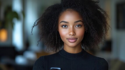 Fototapeta premium elegant portrait of a confident young black woman holding a smartphone crisp white background highlights her natural beauty and modern style in a professional headshot