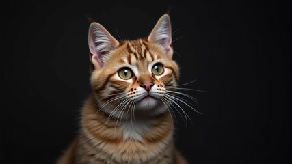 Obraz premium A red-haired mustachioed cat on a black background looks into the distance
