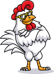 A chicken rooster cockerel bird cartoon character in cool sunglasses