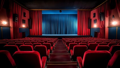Fototapeta premium Empty red seats in a theater with curtains drawn back to reveal a stage.